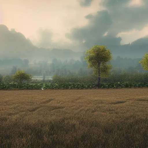 Prompt: landscape field, hyperrealistic, cinematic, unreal engine 5, rain