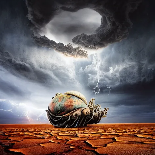 Image similar to red moon over stormy desert, huge clouds in the form of a gigantic octopus, 3 train wrecks are scattered in desert scrap yard, dappled silver lighting, epic, atmospheric, highly detailed, by igor morski, jacek yerka, alexander jansson, james christensen, tomek setowski