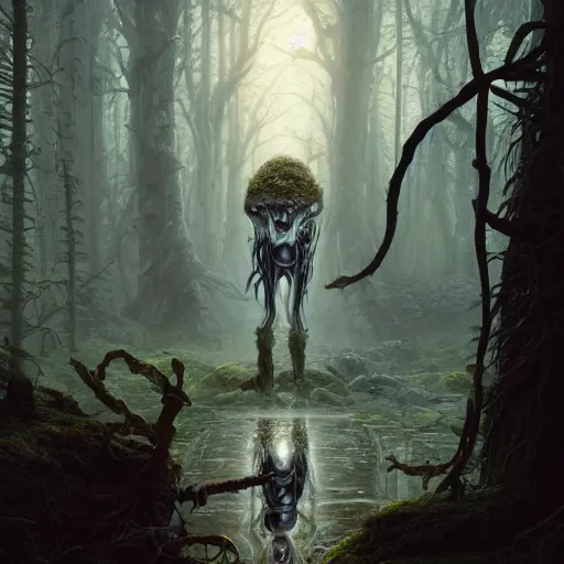 Image similar to highly detailed creepy forest humanoide creature in robes, stephen bliss, unreal engine, fantasy art by greg rutkowski, loish, rhads, ferdinand knab, makoto shinkai and lois van baarle, ilya kuvshinov, rossdraws, tom bagshaw, global illumination, radiant light, detailed and intricate environment