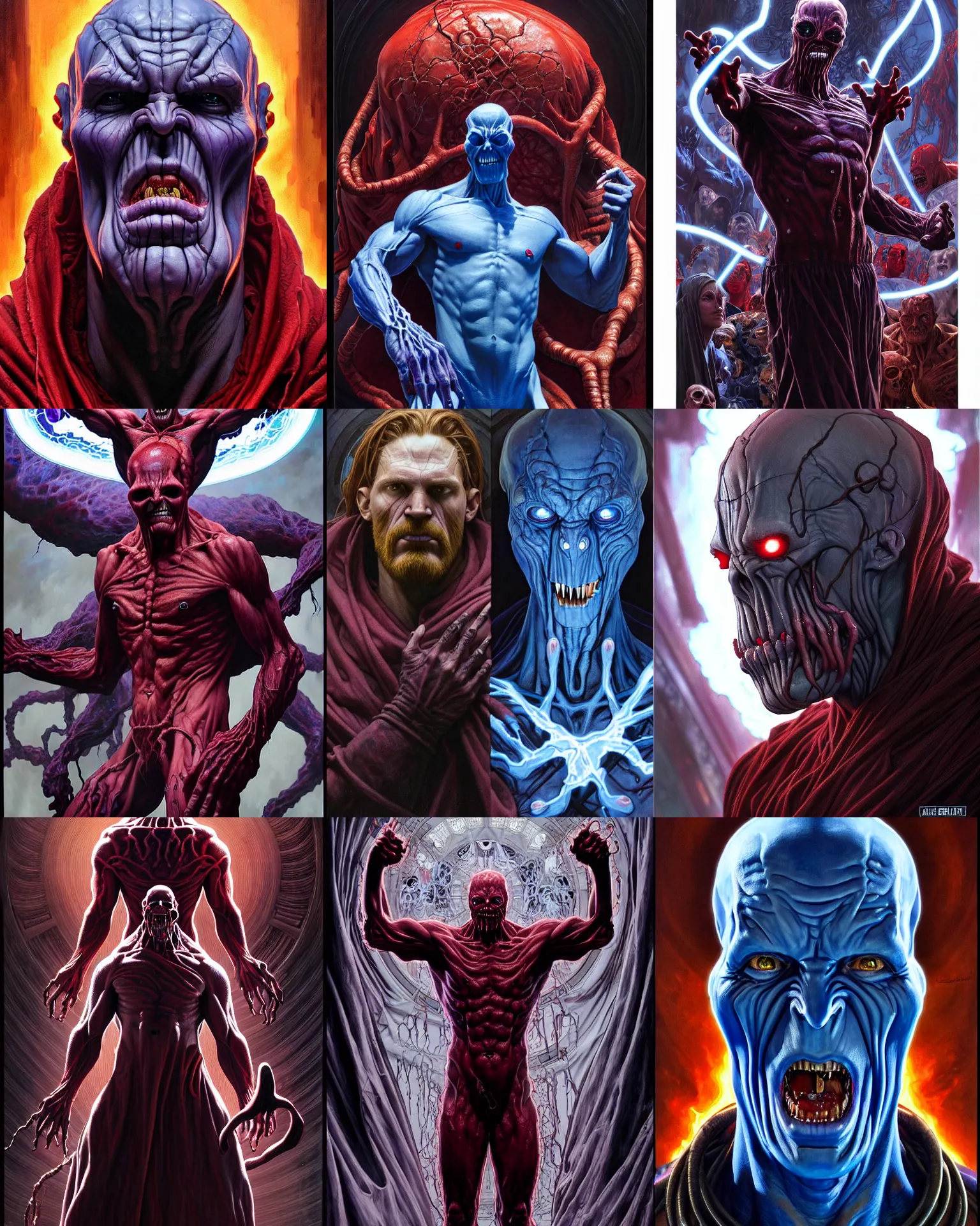 Prompt: the platonic ideal portrait painting of cletus kasady ultimate carnage thanos dementor doctor manhattan chtulu nazgul, detailed, intricate, hyperrealism, intense, scary art by brock hofer and artgerm and greg rutkowski and alphonse mucha