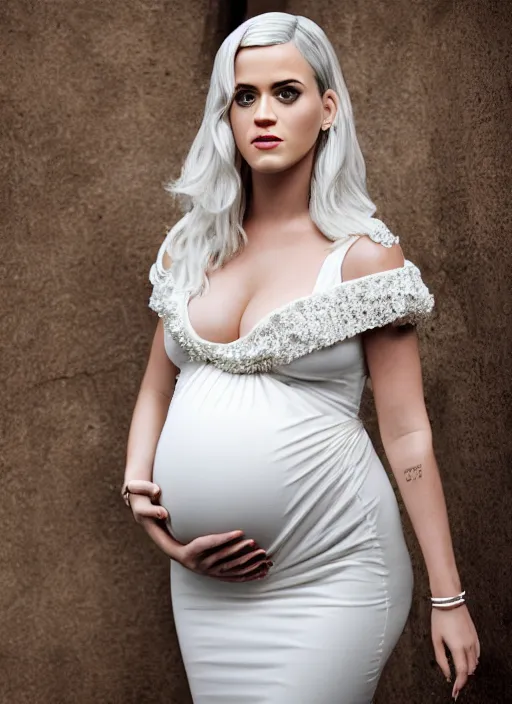 Image similar to cinematic photography of pregnant katy perry in a white dress, intricate, elegant, highly detailed, smooth, sharp focus, symmetrical face, fine details, masterpiece, trending on artstation, 4 k hdr 3 5 mm photography