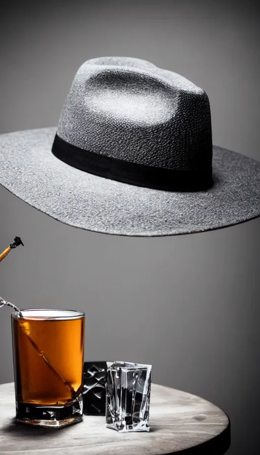 Prompt: a gray fedora with a black hat band is on a dark wood bar near a window, streetlight beams through the window cutting through smoky haze, next to the hat is a cut crystal rocks glass with some bourbon in it, next to it is a toy ray gun, film noir lighting, 8K