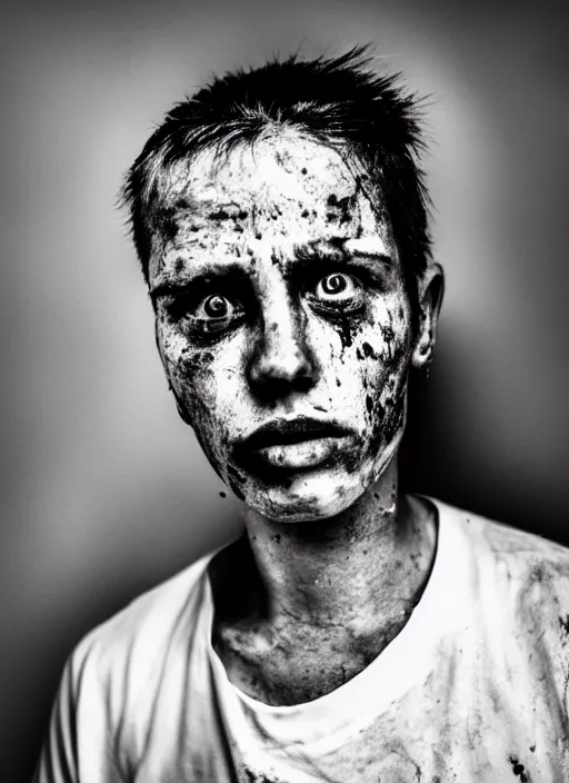 Prompt: A portrait photo of a drug addict , high contrast, black and white