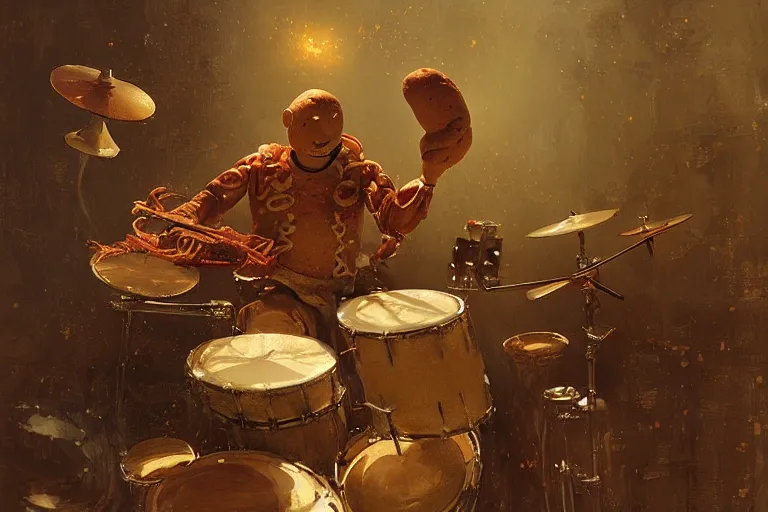 Prompt: gingerbread man plays the drums, concept painting by greg rutkowski, artgerm, ruan jia