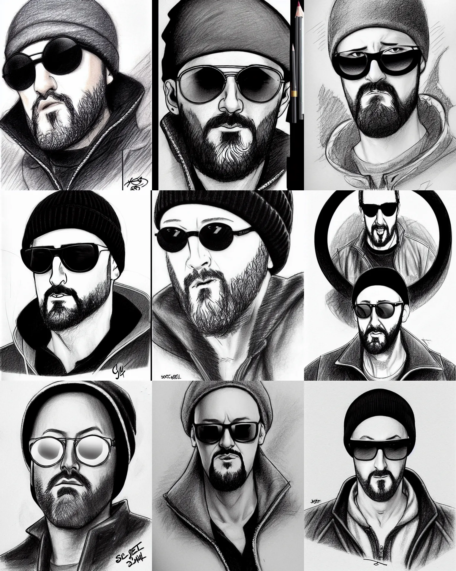 Prompt: small circle!!! round!!!! sunglasses j scott campbell!!! pencil sketch by j scott campbell, serious dramatic jean reno wearing circle!! round!! sunglasses and a beanie cap, wearing long black winter coat, full body shot, in the style of jim lee