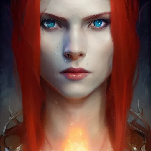 Image similar to A detailed matte oil on canvas head on symmetrical portrait of a beautiful elven woman with blue red eyes and red hair by greg rutkowski and Charlie bowater, trending on artstationhd, dungeons and dragons art critical role