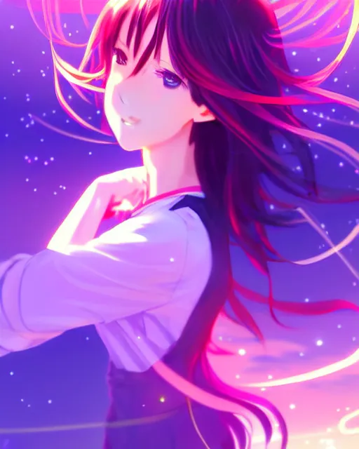 Prompt: anime style, vivid, expressive, full body, 4 k, painting, a cute magical girl with a long wavy black hair, stunning, realistic light and shadow effects, centered, violet sunlight, simple background, studio ghibly makoto shinkai yuji yamaguchi