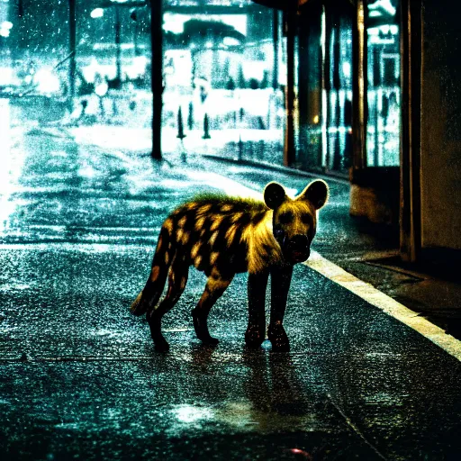 Prompt: a high quality low wide angle photo of a hyena on the streets of a cyberpunk city, rainy, reflective ground, neon lights, realism, 8k