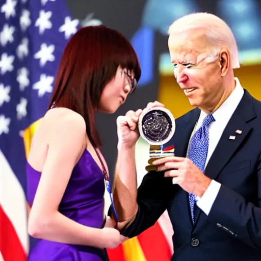 Prompt: joe biden giving asuka the medal of honor, photograph by, 4 k