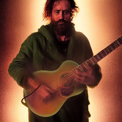 Prompt: rugged man with curly red hair wearing a green cloak playing a guitar portrait, atmospheric lighting, painted, intricate, volumetric lighting, beautiful, rich deep colours masterpiece, golden hour, sharp focus, ultra detailed, by leesha hannigan, ross tran, thierry doizon, kai carpenter, ignacio fernandez rios