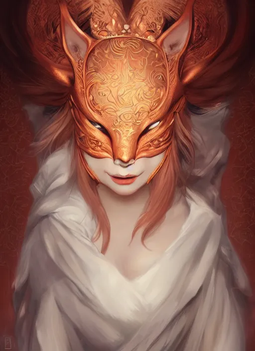 Image similar to a beautiful detailed oil on copper art illustration of a japanese kitsune mask devil beautiful woman, centered, by charlie bowater, zeng fanzh, trending on artstation, dim dusk lighting, cinematic lighting, detailed lighting, volumetric lighting, realistic, f 8, 4 k hd wallpaper