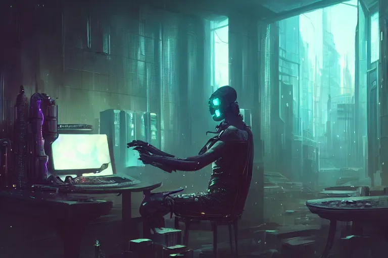 Image similar to sci fi cyberpunk fantasy art prompt magician studying casting spells with keyboard, by greg rutkowski ultrahd dark volumetric lighting hyper detailed unreal engine octane render