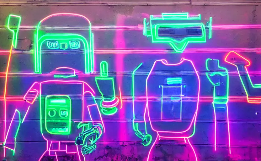 Prompt: mural of a cyberpunk robot, neon colors, painted on a giant wall