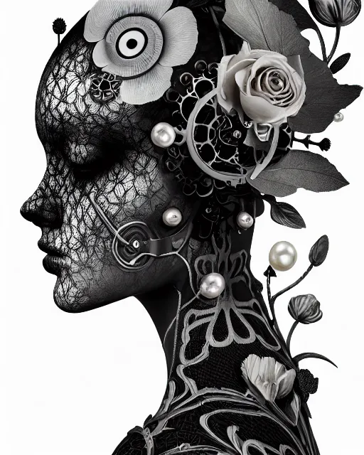 Image similar to monochrome profile portrait painting, dutch masters, silver lace floral steampunk biomechanical beautiful young female cyborg with one techno eye, monocular, volumetric light, leaves foliage and stems, hibiscus flowers, alexander mcqueen, rim light, big gothic fashion pearl embroidered collar, 8 k