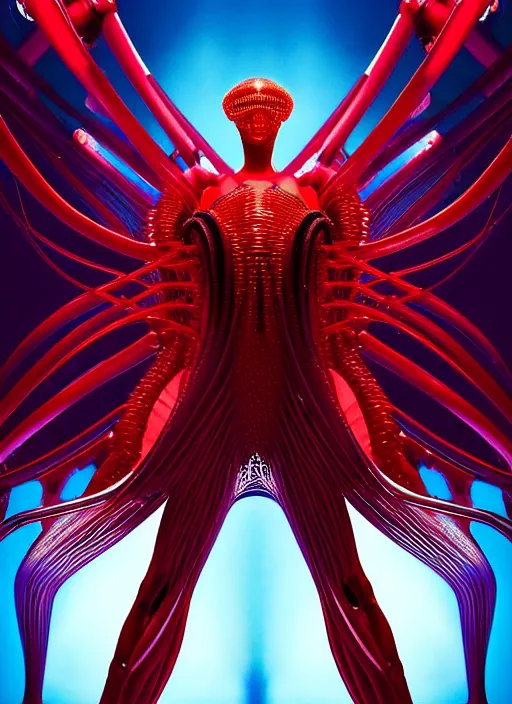 Image similar to background space station, dark red inflateble dress iris van herpen positing on floor, helmet instead of a head, perfect symmetrical, full body shot, inflateble shapes, wires, tubes, veins, jellyfish, white biomechanical details, wearing epic bionic implants, masterpiece, intricate, biopunk, vogue, highly detailed, artstation, concept art