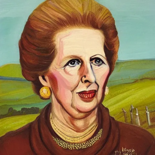 Image similar to margaret thatcher as a 1 2 th century peasant in england, painting, exhibited at british museum, oil on canvas, restored, art, 1 2 th century