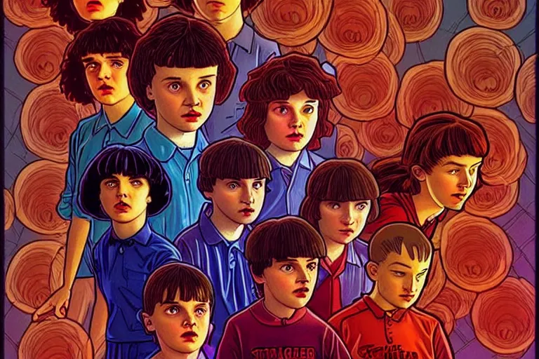 Image similar to closeup shot from the animated version of Stranger Things by Matt Groening, cartoon, detailed faces, high resolution, hyper detailed, intricate, illustrated, dramatic lighting, illustration, artstation, concept art, smooth, sharp focus, art by Alphonse Mucha and Matt Groening !n-9