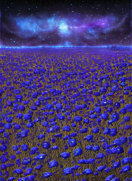 Image similar to detailed, intricate blue black and purple papaverum flower on the field, nebula, galaxy in the sky, winning award masterpiece, fantastically beautiful, illustration, aestheticly inspired, jacek yerka, upscale with anguissola sofonisba work, artstation, 8 k