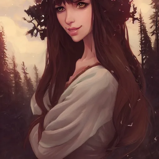 Prompt: portrait of a young beautiful woman with long dark brown hair, green eyes, tan skin, wearing a medieval fantasy outfit, forest landscape, nightime, fantasy, ambient lighting, 4k, anime key visual, charlie bowater, lois van baarle, ilya kuvshinov, rossdraws, artstation