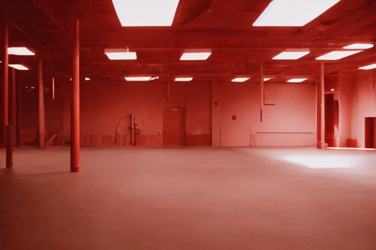 Image similar to film photography of industrial red room interior in golden hour, soft light, no focus