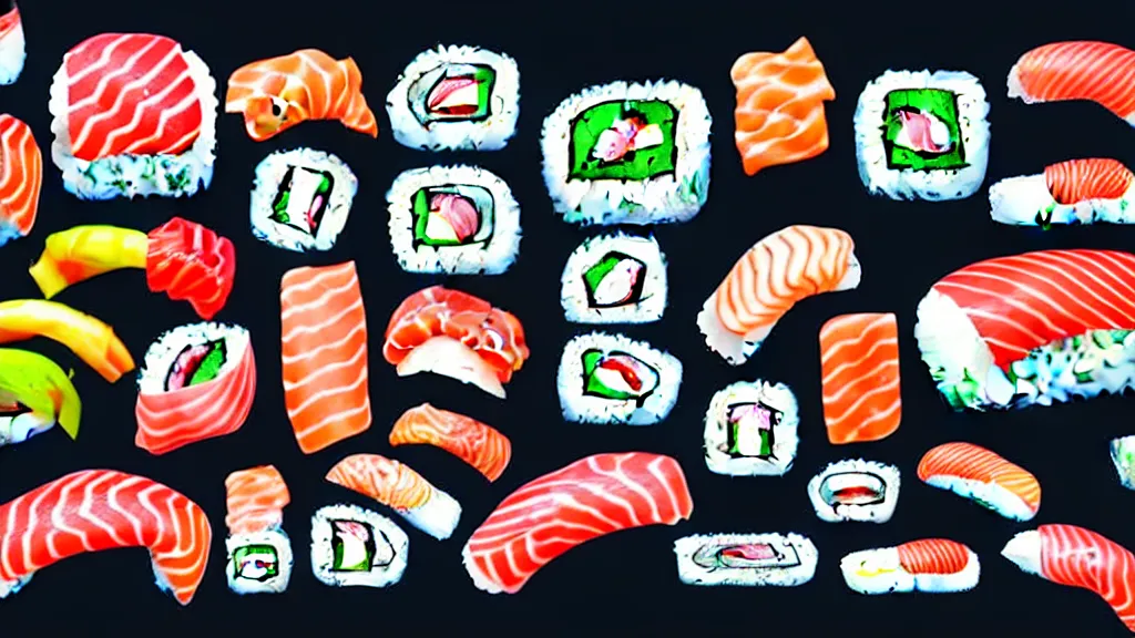 Prompt: a selection of single sushi platters, several items in an array, japan, a collage painting, in the style of wes anderson, lola dupre, david hockney, isolated on negative white space background dark monochrome neon spraypaint accents volumetric octane render