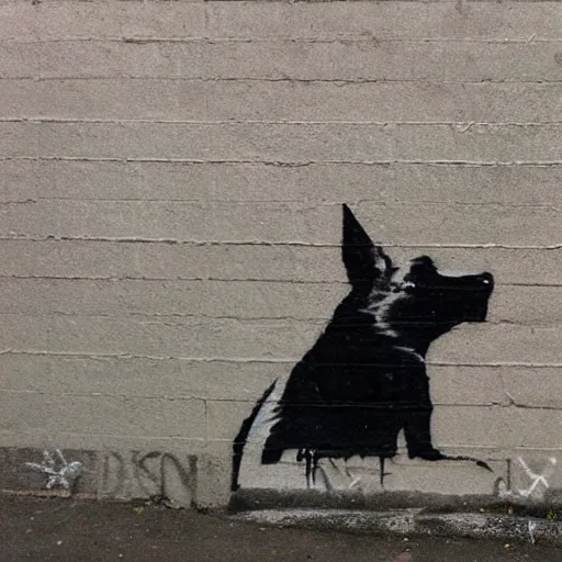 Prompt: banksy stencil graffiti of a dog in a trench