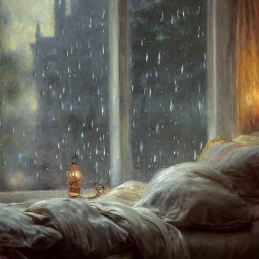 Image similar to on a rainy day, someone in home sits in bed, curled up under the covers, watching the rain outside the window, cinematic, artstation, extremely detailed, intricate, cinematic lighting, art by pierre - auguste renoir, arie johannes lamme, greg rutkowski