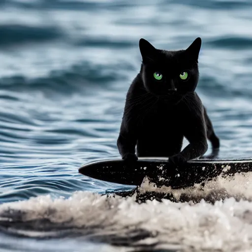 Prompt: black cute cat surfing on a surfboard, 8 k