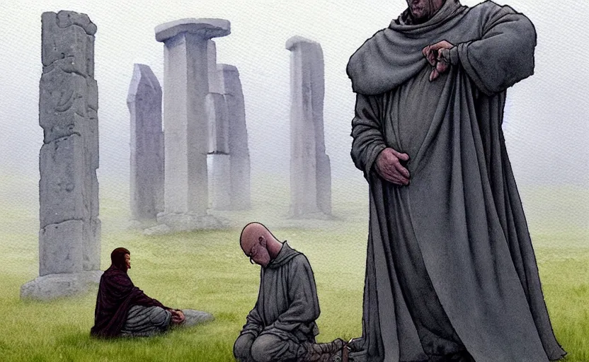 Image similar to a hyperrealist watercolour character concept art portrait of a grey medieval monk kneeling down in prayer in front of a tall grey alien on a misty night in stone henge. a battlecruiser starship is in the background. by rebecca guay, michael kaluta, charles vess and jean moebius giraud