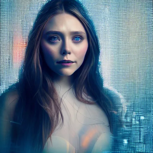 Prompt: beautiful centered Fine art photo portrait of enraptured Elizabeth Olsen as a solarpunk robotic humanoid, white mechanical parts with led lights, photorealistic, white background, highly detailed and intricate, sunset lighting, HDR 8k