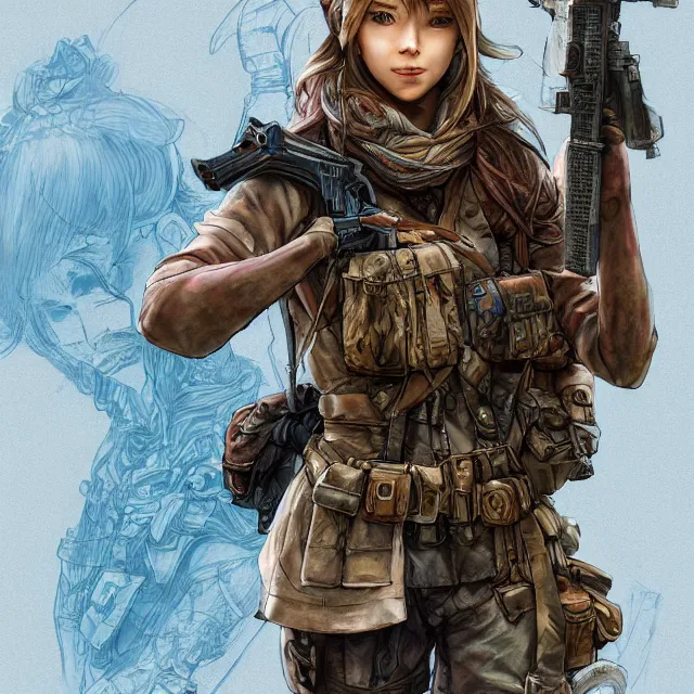 Image similar to the portrait of lawful neutral semi - colorful female infantry sniper as absurdly beautiful, gorgeous, elegant, young woman looking up, an ultrafine hyperdetailed illustration by kim jung gi, irakli nadar, intricate linework, bright colors, octopath traveler, final fantasy, unreal engine 5 highly rendered, global illumination, radiant light, detailed and intricate environment