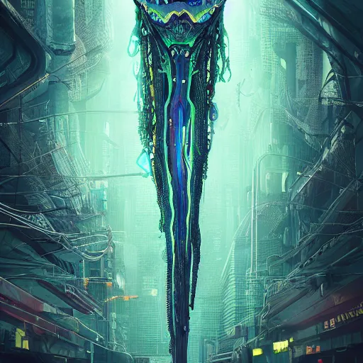 Image similar to portrait of a squid monster. intricate abstract. cyberpunk, intricate artwork. neon eyes, by Tooth Wu, wlop, beeple. octane render, trending on artstation, greg rutkowski very coherent symmetrical artwork. cinematic, hyper realism, high detail, octane render, 8k, minimalistic, hyperrealistic surrealism, award winning masterpiece with incredible details, a surreal vaporwave liminal space, highly detailed, trending on ArtStation