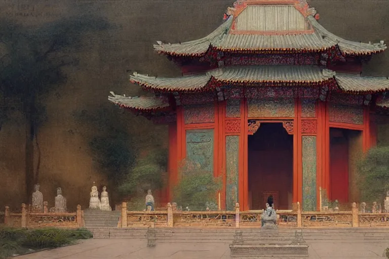 Image similar to mausoleum, buddhism, tang dynasty, painting by gaston bussiere, greg rutkowski