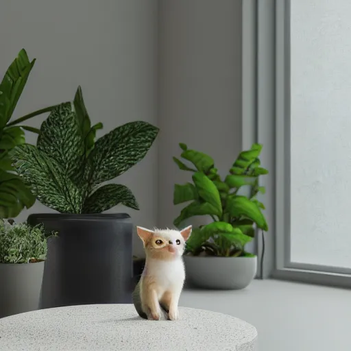 Prompt: a modern indoor room, clean architecture, some plants, peaceful, 8K octane render, a bat kitten sits there
