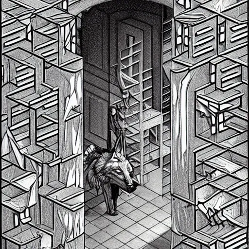 Image similar to a giant wolf in a huge bright maze of many doorways and lots of stairs, many doorways, inside MC Escher architecture, artstation, Junji Ito, epic composition