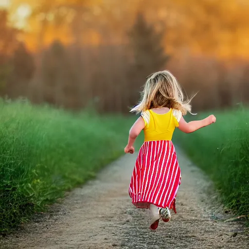 Image similar to A girl runs to the center of the frame in a yellow sundress, a red elastic band for her hair, a full-length profile, a night photo, a barn and bushes with trees in the background, realistic photo, 8k, 35 mm