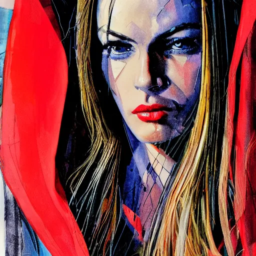 Image similar to photorealistic picture, by bob peak and alex ross and john romita jr, red riding hood lost in miami, gouache and wash paints, fine details, fine intricate, fine facial proportionate, fine body proportionate, fine fix broken line, fine fix duplicate line, smooth focus, sharp details, bokeh, 4 k, fine 5 k details