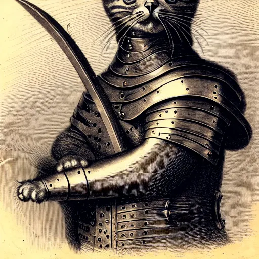 Image similar to engraving portrait of humanoid cat in medieval armoury by gustave dore. trending on deviant art, street art, chillwave, maximalist, full of color, glittering, 8 k, hd