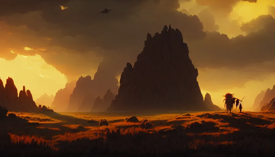 Image similar to highly detailed matte painting of a hostile thunderoud rural landscape by atey ghailan, by greg rutkowski, by greg tocchini, by james gilliard, by joe fenton, red, brown, black and yellow color scheme, octane render