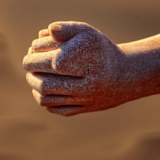 Image similar to a hand holding a face made of sand vanishing, photorrealistic, 8 k