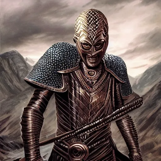 Image similar to serpent - man warlord - king, wearing glorious bronze age plate armor, horrific background, high quality, high definition, 8 k, photograph photorealistic by alex ross