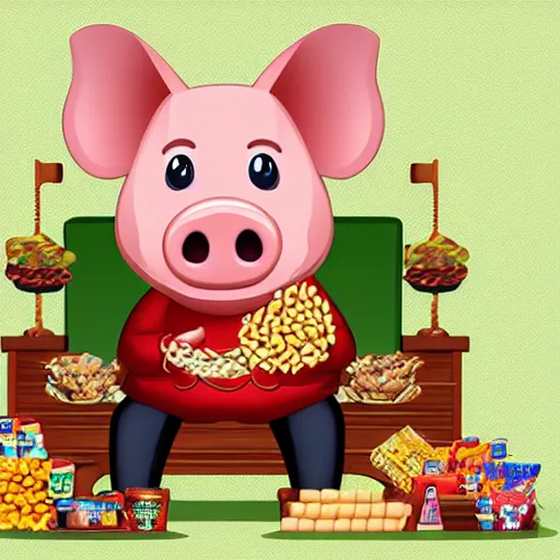 Image similar to photo realistic pig as a king sitting on a throne with a sceptor surrounded by bags of food snacks, realistic, award winning, cinematic