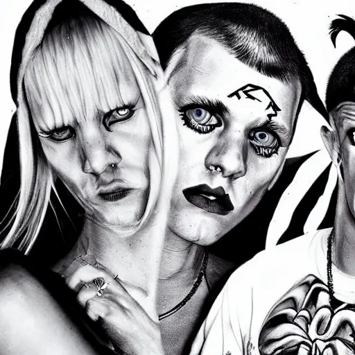 Prompt: black and white zeff art style die antwoord photo realistic