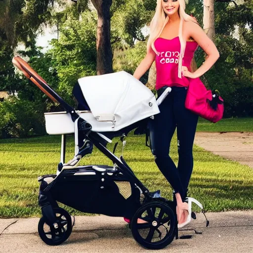 Prompt: tomi lahren with a shaved head pushing a baby carriage. professional photograph.