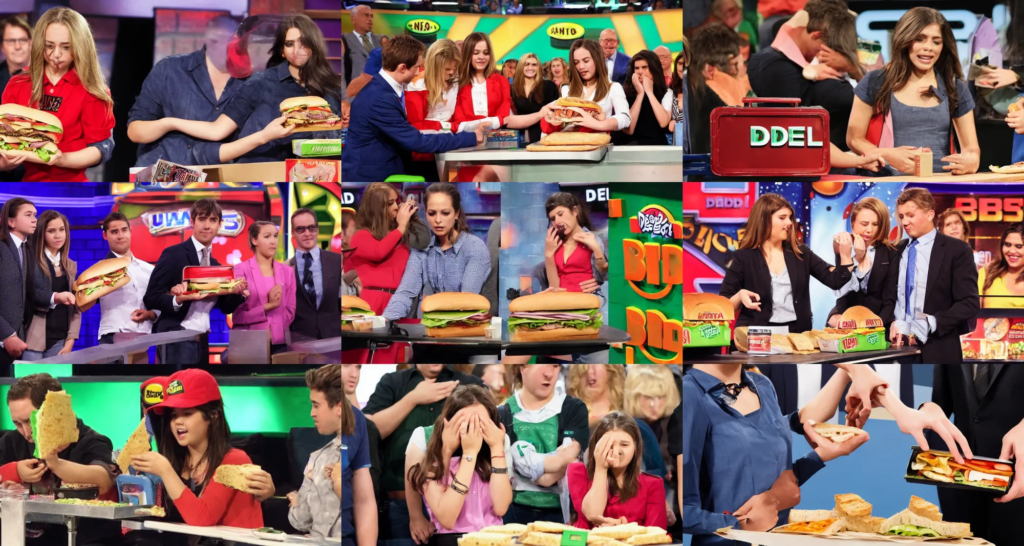 Prompt: girl opens briefcase to reveal a subway sandwich on deal or no deal, contestant is crying, photograph