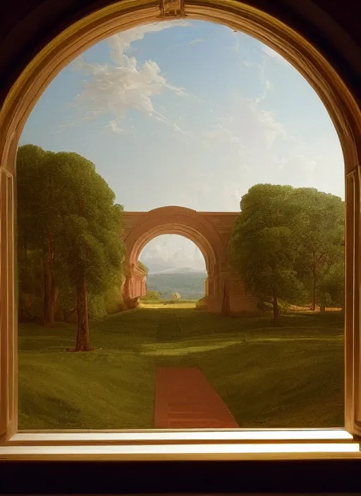 Image similar to a thomas cole painting of a hallway with round arches decorated by wes anderson