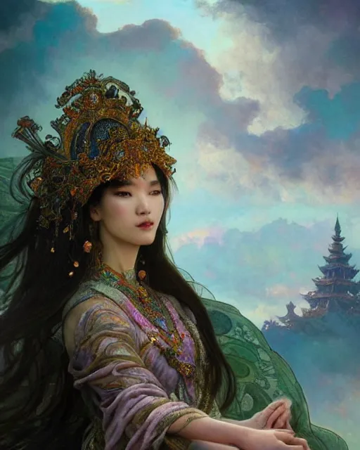 Prompt: a beautiful intricate exquisite imaginative exciting northern close up portrait of an asian sorceress sitting with elegant looks, flowing robe, ornate and flowing, intricate and soft by ruan jia, tom bagshaw, alphonse mucha, krenz cushart, beautiful chinese architectural ruins in the background, epic sky, vray render, artstation, deviantart, pinterest, 5 0 0 px models