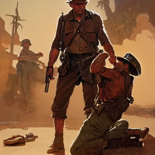 Prompt: indiana jones punching a wwii german soldier, intricate, epic, highly detailed, digital painting, artstation, concept art, sharp focus, cinematic lighting, illustration, art by artgerm and greg rutkowski, alphonse mucha, cgsociety,