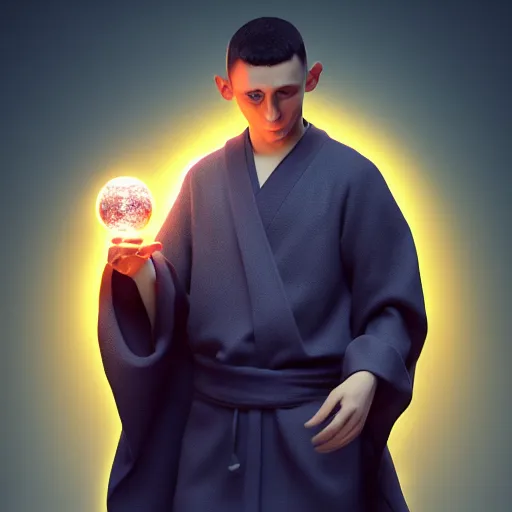 Prompt: Phil Foden wearing monk robes holding a glowing nature orb. Trending on Artstation, octane render, ultra detailed, art by Ross tran