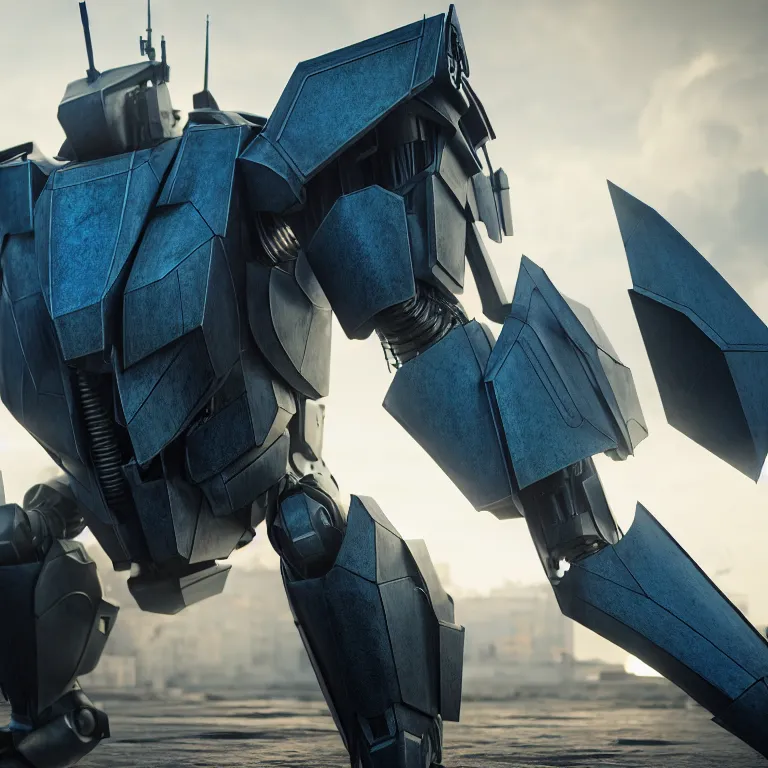 Prompt: hyper detailed photorealistic cinematic rendering with volumetric lightning and ray tracing, blue skinny full body armored core, weathering armor plating, endoekeleton exposure, 8 k, octane render, unreal engine, ray tracing